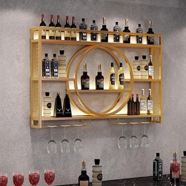 Wine Rack Wall Mounted with Wine Glass Rack Floating Bar Shelves for Liquor Bottles with LED Light Liquor Bottle Display Shelf Wall Bar Cabinet Mini Bar for Home Bar Dining Room Kitchen Living Room(Go