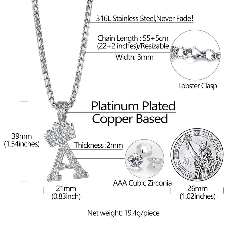 Richsteel Men Necklace Chain With Letter A Pendant Silver Diamond