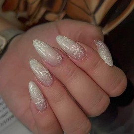 24Pcs Christmas Press on Nails Snowflake Fashionable and Simple Fake Nails French Gradient Glitter Full Cover Stick on Nails Almond Nails for Women's False Nail New Years White Snowflakes Designs