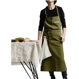 AOBBYBBS Adjustable Japan Nordic Style Soft Cotton Linen Apron with Four Pockets A Towel, Olive Green, 38L*32W