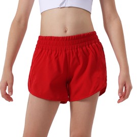 Aurefin Girls Athletic Shorts, Quick Dry Running Shorts for Kids Teen Girls Active Sports Track Shorts with Zip Pocket Liner Red/XS