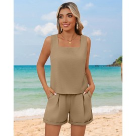 Riyiper Women 2 Piece Sets Summer Linen Outfits Cotton Sleeveless Square Neck Crop Tank Top Elastic Waist Shorts with Pockets(Khaki,Small)