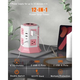 Surge Protector Power Strip Tower, 6.5FT Ultra Flat Extension Cord with 8 AC Outlets 4 USB Ports(2 Type C), Desktop Charging Station, Flat Plug Outlet Extender for Home Office Dorm