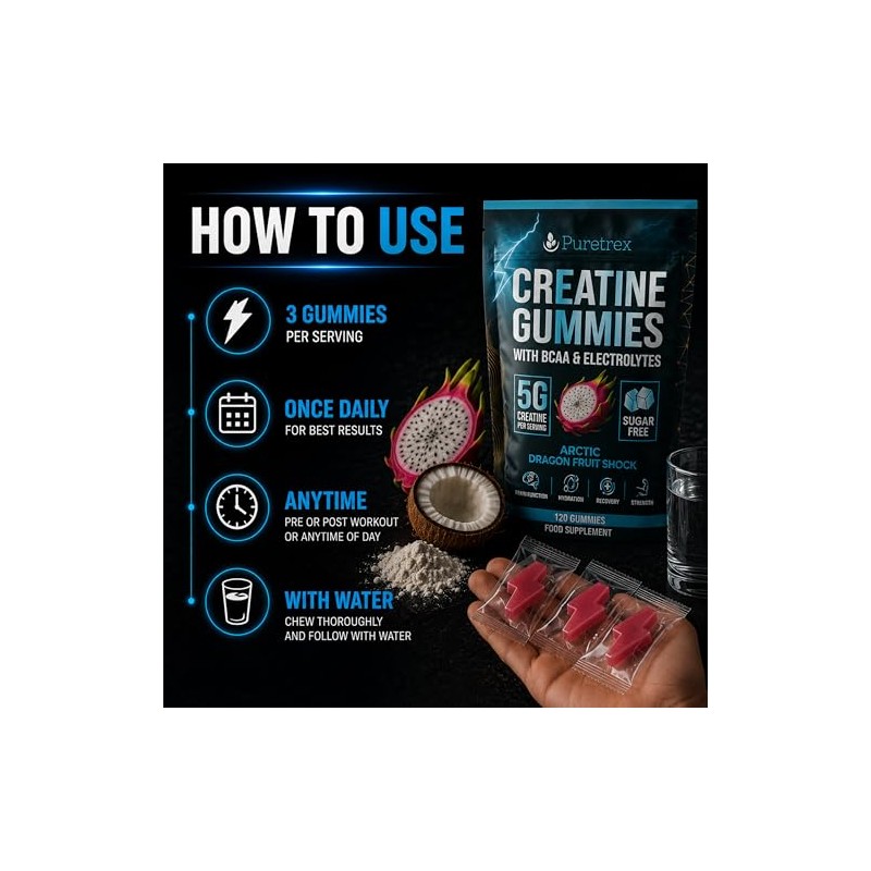 Puretrex Creatine Monohydrate Gummies 5000mg, Sugar Free Formula, 120 Count