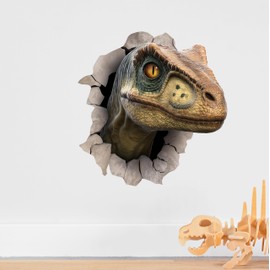 3D Dinosaur Raptor Wall Decal – Wall Breakthrough Sticker for Kids Bedroom, Nursery, or Playroom – Removable T-Rex Peel & Stick Adhesive Fabric Vinyl – Jurassic Theme (12" Tall x 12" Wide)