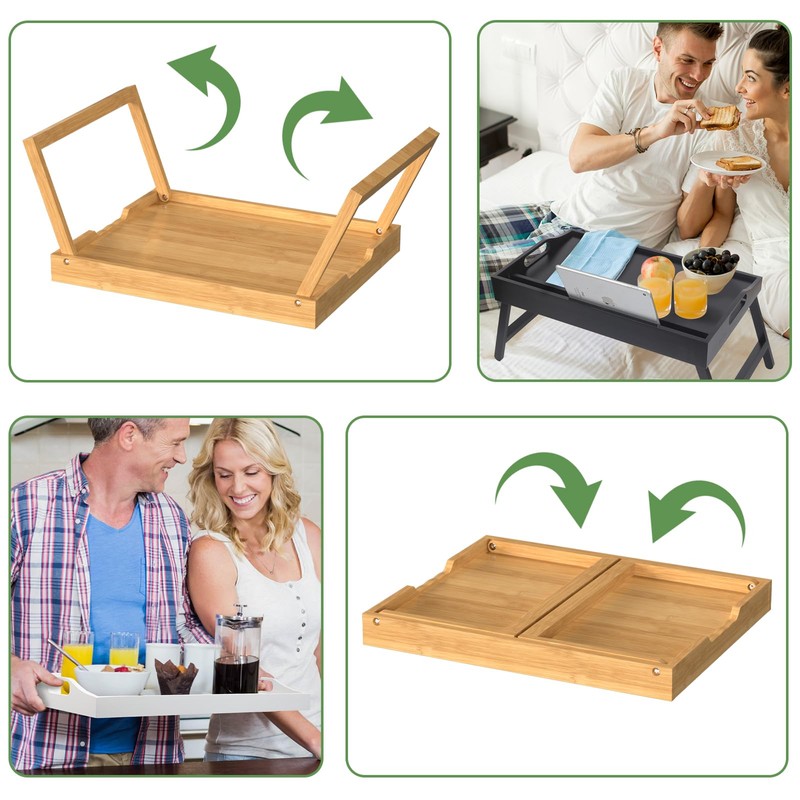 2 Pack Bed Tray Table with Foldable Legs, Bamboo Breakfast