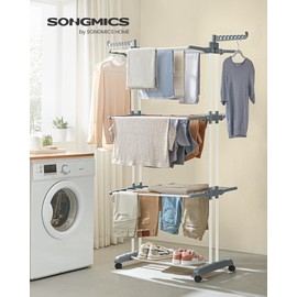 SONGMICS Clothes Drying Rack Stand 4-Tier, Foldable Laundry Drying Rack 67.7-Inch Tall, Stainless Steel, Rolling Clothes Horses Dryer Rack, Easy to Assemble, Indoor Outdoor Use, White ULLR701W01