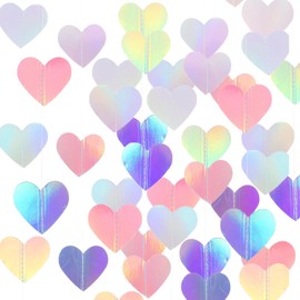52Ft Iridescent Disco-Holographic Heart Streamers Garland Party-Decorations, Paper Heart Banner for Christmas Wedding Engagement Hanging Bachelorette Neutral Baby Bridal Shower Lasting Surprise