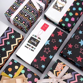 MAMUNU Gift Wrapping Paper Set, 6 Black Wrapping Paper Sheet with Colorful Dots Stripes Stars Pattern, All Occasion Wrapping Paper with Stickers and Gift Tags for Birthday, Graduation, 70x50CM