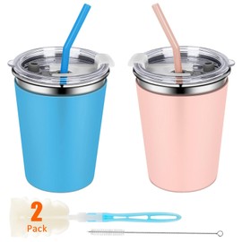 Rommeka 2 Pack Kids Cups with Straws and Lids Leak Proof, 12oz Sippy Cups for Toddlers with Colorful Sleeves, Unbreakable Stainless Steel Water Tumblers (Blue & Peach)