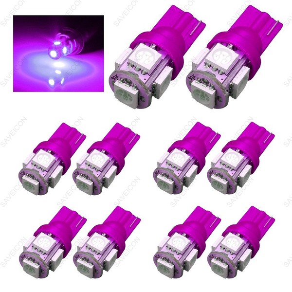 SAWE - 168 194 2825 T10 W5W 5050 5-SMD LED License Plate Dome Map Lights Bulbs (10 pieces) (Pink/Purple)