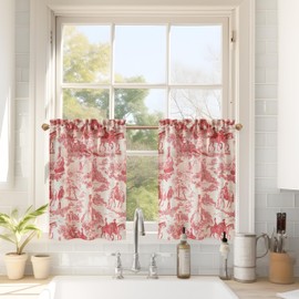 DriftAway Kitchen Curtains Toile Tier Linen Short Curtains Cafe 24 Inch Length for Living Room Bathroom Farmhouse French Country Vintage Printed Pattern Rod Pocket 2 Panels Red