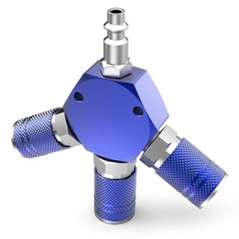 GASHER Blue 3-Way 1/4 Inch NPT Aluminum Hex Style Air Manifold with 3 Pieces Steel Industrial Coupler and Plug, Air Compressor Hose Accessories Quick Connect Fittings Air Splitter