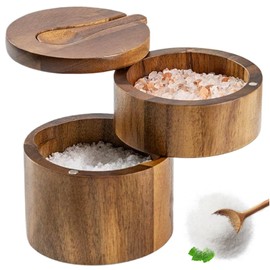 Salt Box with Swivel Lid & Spoon Double-Layer Wooden Salt Box with Lid Compact Stylish Salt Cella with Magnetic Rotating Lid for Spices & Seasonings Wooden Salt Box with Lid Salt Cellar Salt Containe
