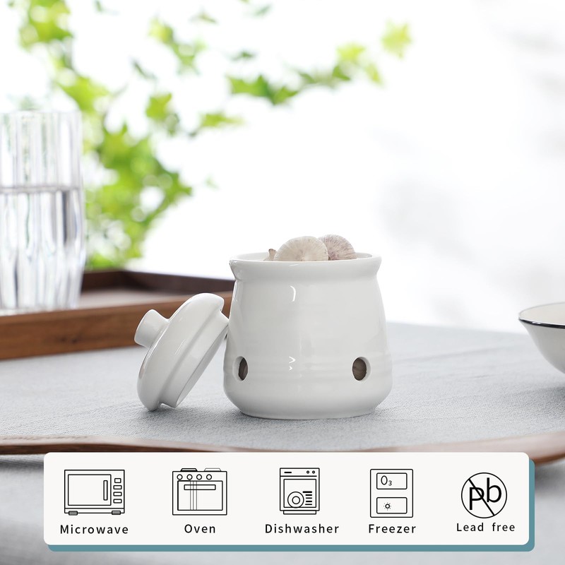 HAOTOP Ceramic Garlic Keeper with Lid, Mini Garlic Saver Container