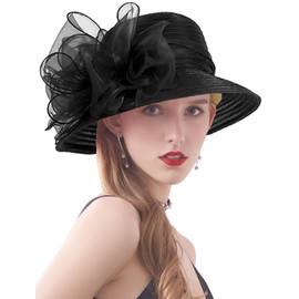 RZTA Women's Kentucky Church Dress Hat Derby Wide Brim Leaf Flower Bridal Shower Hat, J3 Black