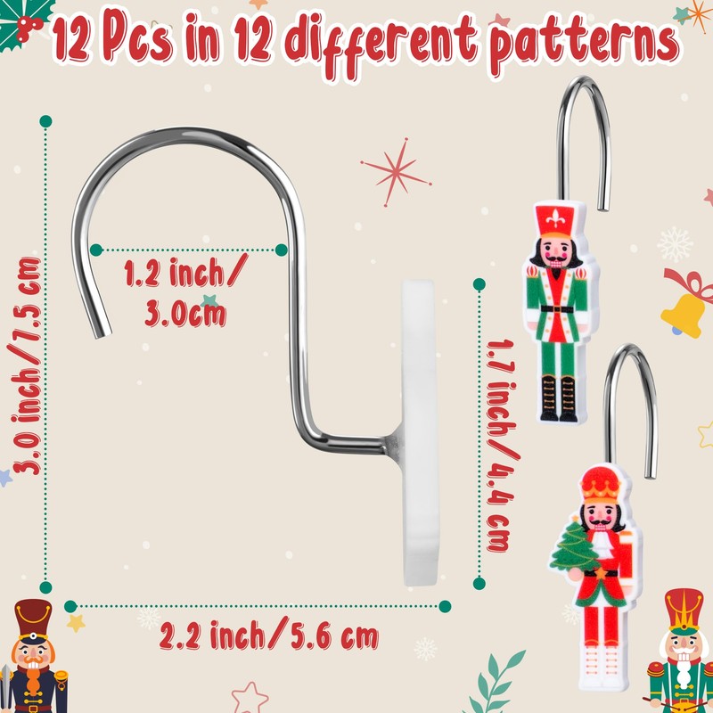 MALLMALL6 Christmas Shower Curtain Hooks - 12Pcs Xmas Nutcracker Decorative