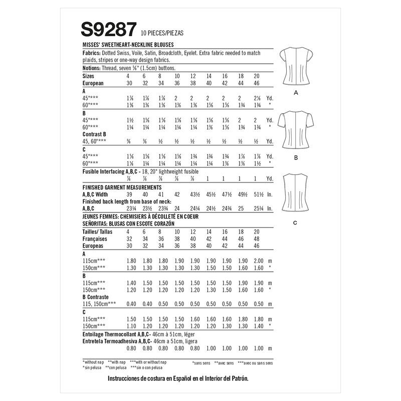 Simplicity SS9287D5 Misses' Sweetheart Neckline Loose Fitting Blouse Sewing Pattern