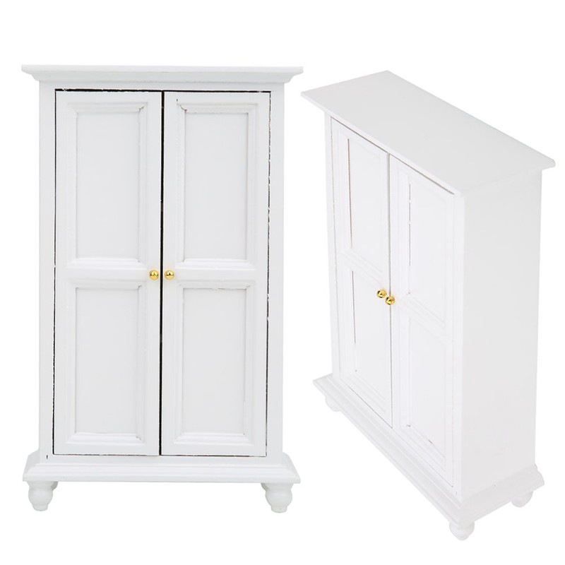 Miniature Doll House Wardrobe White Wooden Double Door Household Closet