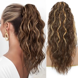 Ponytail Extension, Claw Clip on Pony tails Hair Extension for Women 18 Inch Long Wavy Curly Fake Ponytail Clip in Hair Pieces for Women Fluffy Natural Looking (Dark Chestnut with Blonde Highlights)