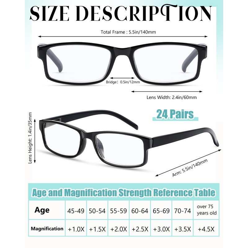 Yexiya 24 Pack Reading Glasses Bulk Adjustable Traditional Reading Glasses