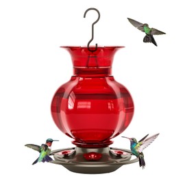 Auslar Hummingbird Feeder, Red Glass Hummingbird Feeders for Outdoors Hanging with Ant Moat, 5 Simulation Flowers Feeding Ports, 23 Ounces, Rustproof, Fade Proof, Pomegranate Shape