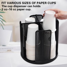Dispensador de Vasos, Organizador de Tazas y Tapas, Organizador de Vasos con 4 Compartimentos, Dispensador de Vasos Giratorio, para Cafetera, Bar, Encimera, Sala de Descanso (Negro)