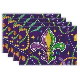 DineDia Mardi Gras Placemats 18x12 Inches Set of 4, Fleur de Lis Mask Purple Carnival Table Decor, Burlap Farmhouse Indoor Outdoor Holiday Beads Rhombus Lattice Decoration Mats for Home Party DP051-4