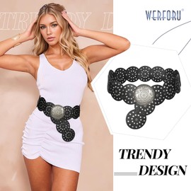 WERFORU Women Vintage Leather Belt Western Disc Waist Belts Ladies Western Belt Boho Belt for Dress Jean (49":Fit Waist Size Below 46",Black-Silver Buckle)