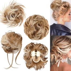 Mitrygreen 4Pcs Messy Bun Hair Piece Extension Ponytail Hairpieces Synthetic Chignon Hair Piece for Women Girls Ginger Blonde Mix Bleach Blonde