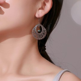 Cimenexe Bohemian Filigree Turquoise Circle Drop Earrings Tribal Turquoise Dangle Earrings Red Hollow Filigree Circle Hoop Earrings Ethnic Irregular Gemstone Earrings Jewelry for Women and Girls Gifts