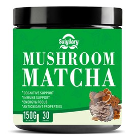 Mushroom Matcha, Ceremonial Matcha Tea Powder with 7 Superfood Mushrooms, Gluten Free, Taste Great Hot or Cold Matcha Latter - 150g 30 Serving