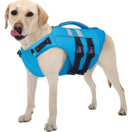 Kuoser Dog Life Jacket Large, High Flotation Puppy Water Vest for Swimming Boating, Reflective Doggie Swim Vest Pet Life Preserver with Rescue Handle, Blue L