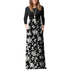 GRECERELLE Women Casual Long Sleeve Maxi Dresses Loose Empire Waist Flowy Fall Long Dresses with Pockets Black White Flower, X-Large