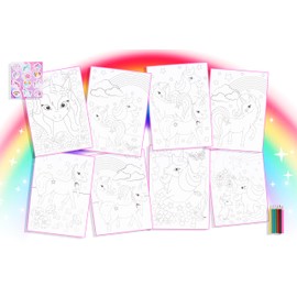 HENBRANDT Single Unicorn Colouring Set with 8 Sheets and 6 Mini Colouring Pencils A4 Colouring Children’s Activity Pack Fantasy Magic Birthday Loot Bag Party Favours for Girls and Boys