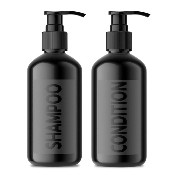 Modern Refillable Shampoo and Conditioner Dispensers by AylaMae | 500ml / 16.9oz PET Plastic Bottles (Black)