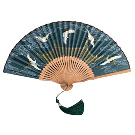 KBRPEY Fan with Crane Pattern Dark Green Hand Fan Retro Style Hand Fan Elegant Foldable for Festival Party DIY Decoration Performance Dance
