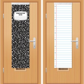 Haooryx Back to School Classroom Door Window Cover - 2Pcs Composition Notebook Curtain Blackout Shades Front Door Decoration Darkening Glass Window Cover for Nursery School Classroom Office Supplies