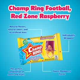 Champ Ring Football, Red Zone Raspberry - Bold Raspberry Flavored Candy Rings - Individually Wrapped - No Artificial Flavors or Colors - Perfect for Parties, Events & Snacks - Bulk Pack of 50