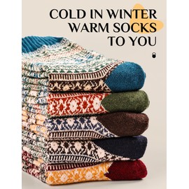 ZHICVIVA 5 Pairs Womens Vintage Winter Wool Socks, Cozy Soft Warm Thick Multicolor Knit Cushion Crew Socks, Free Size Christmas Gifts Ideas For Women Best Stuffers Fall