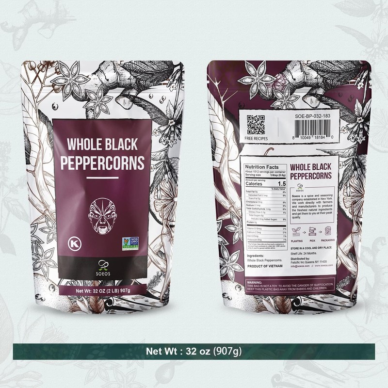 Soeos Black Peppercorns, 32oz (Pack of 1), Non-GMO, Kosher, Packed