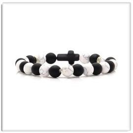Xusamss Fashion 8MM Matte Agate Beads Bracelet Cross Elastic Bracelet(Onyx_White Turquoise)