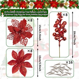 24Pcs Red Glitter Poinsettia Christmas Tree Ornaments and Glitter Berries Stems, 16Pcs Christmas Artificial Flowers and 8 Pack Christmas Tree Picks for Wedding Holiday Decorations