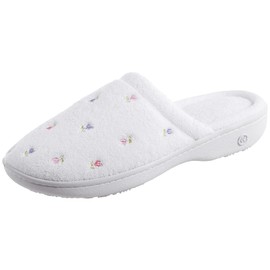 isotoner Women's Signature Terry Floral Embroidered Clog Slipper, White, 5.5-6