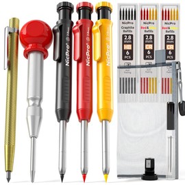 Nicpro 10Pack Mechanical Carpenter Pencil Set with Built-in Sharpener, Lead Refill, Engraving Pen, Center Punch(in Set 1), Lead Pointer, Deep Hole Marker Construction Pencil for Architect Woodworking - Style: Set 1