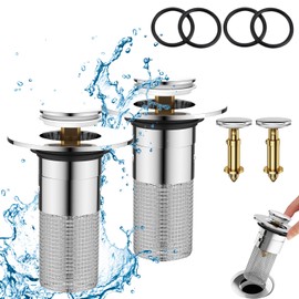 Pop Up Bathroom Sink Stopper, 2Pcs Bathroom Sink Drain Strainer with Removable Stainless Steel Filter Basket Hair Catcher, for US Universal Bathroom Kitchen Basin Sink Stopper Replacement