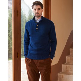 Kallspin Men's Pullover Sweater Wool Midweight Mock Neck Quarter-Button Long Sleeve Pullover(Navy Blue Medium)