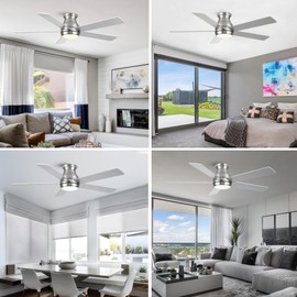 POCHFAN 52 Inch Brushed Nickel Ceiling Fans with Lights and Remote,LED Low Profile Flush Mount Ceiling Fan for Bedroom, Living Room,Patio,Quiet DC Motor,5 Blades