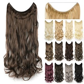 IMISSU 22'' 26'' Long Body Wavy Hair Extensions Fish Line Hairpiece Synthetic Invisible Secret Wire Headwear Flip Curly Hair Extension Pieces (22 Inch, Mixed Brown)