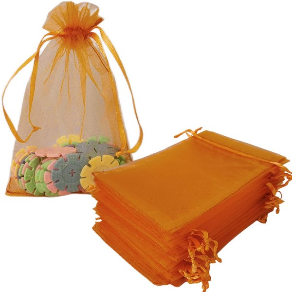 UBGBHO Pack Of 50 Gift Organza Bags 4x6 Inch Orange Drawstring for Baby Shower,Christmas,1st Birthday,Party Favors,Wedding,Fathers Day Sheer Fabric Solid Color Sachet for Jewelry,Bracelets,Watch,Beads